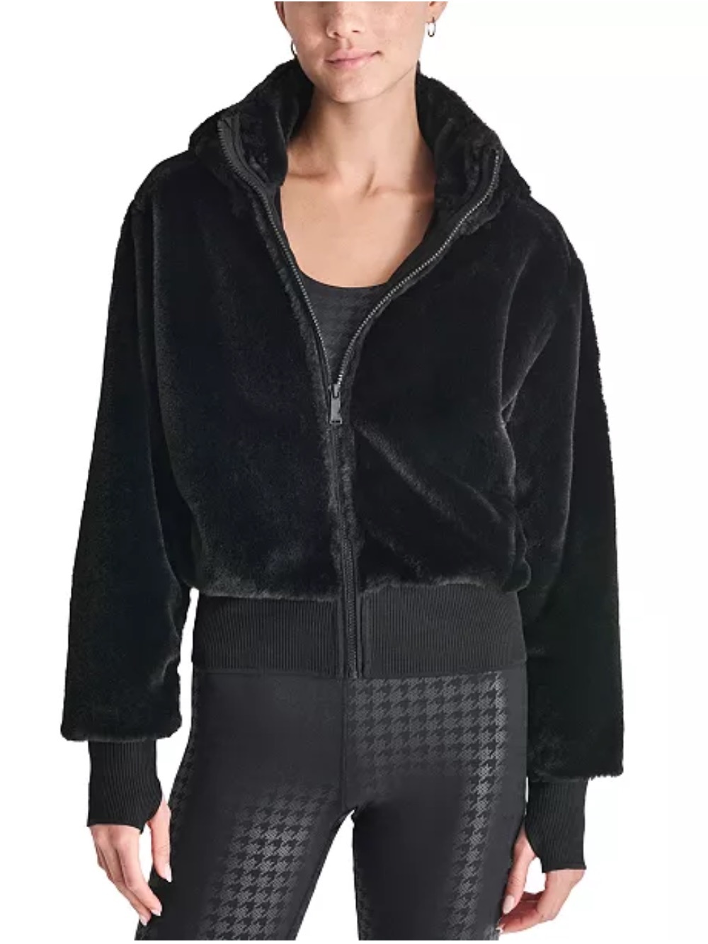 DKNY Black Plush Zip-Front Hooded Jacket